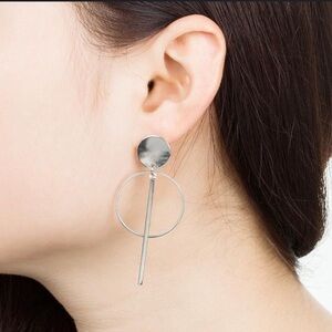 New! Modern Geometric Silver Dangle Earrings - Circle Bar Statement Jewelry
